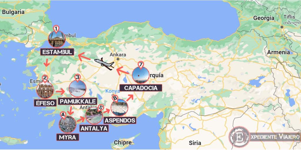 Mapa con la ruta por Turquía de 10 días