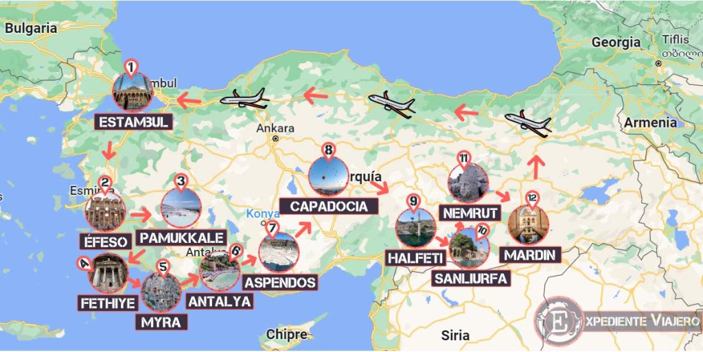 Mapa con la ruta por Turquía de 15 días