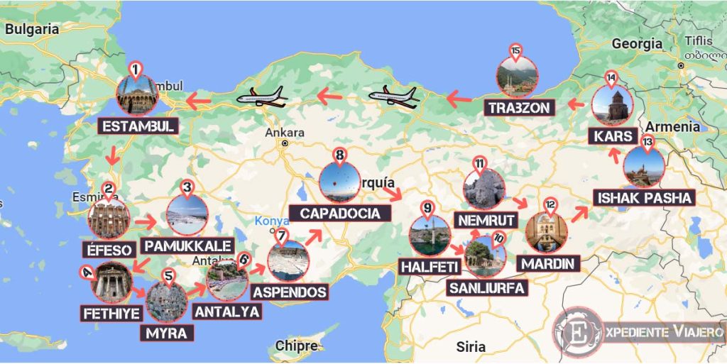 Mapa de nuestra ruta por Turquía (19 días)